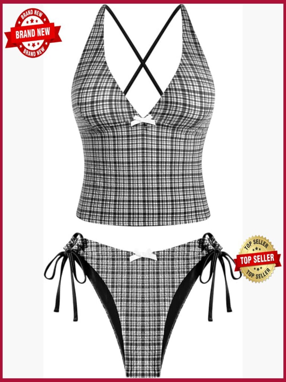 Tankini Set with Tummy Control V Neck Tie Side Thong Bikini 2 Piece Swimsuits